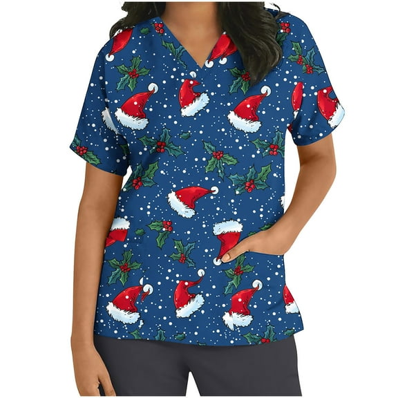 Xfvqtps Christmas Scrub Tops for Women Soft V-Neck Scrubs Comfortable Nursing Uniforms Christmas Printed Short Sleeve Top Protective Clothing Working Uniforms with Pockets Red