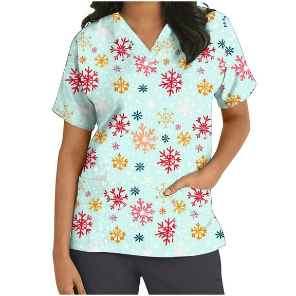 Xfvqtps Christmas Scrub Tops for Women Soft V-Neck Scrubs Comfortable Nursing Uniforms Christmas Printed Short Sleeve Top Protective Clothing Working Uniforms with Pockets Green
