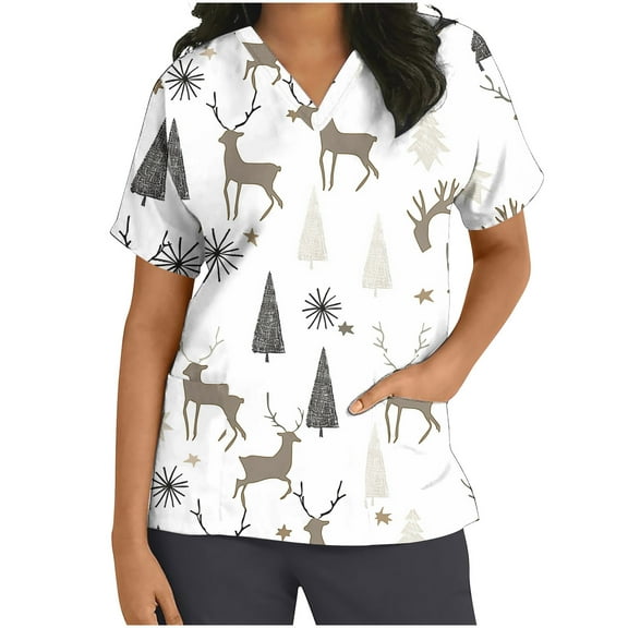 Xfvqtps Christmas Scrub Tops for Women Soft V-Neck Scrubs Comfortable Nursing Uniforms Christmas Printed Short Sleeve Top Protective Clothing Working Uniforms with Pockets White