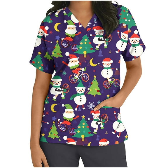 Xfvqtps Christmas Scrub Tops for Women Soft V-Neck Scrubs Comfortable Nursing Uniforms Christmas Printed Short Sleeve Top Protective Clothing Working Uniforms with Pockets Purple
