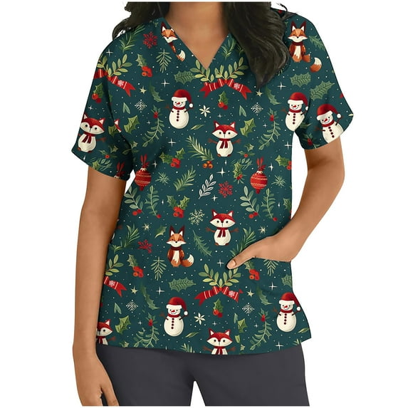 Xfvqtps Christmas Scrub Tops for Women Soft V-Neck Scrubs Comfortable Nursing Uniforms Christmas Printed Short Sleeve Top Protective Clothing Working Uniforms with Pockets Green