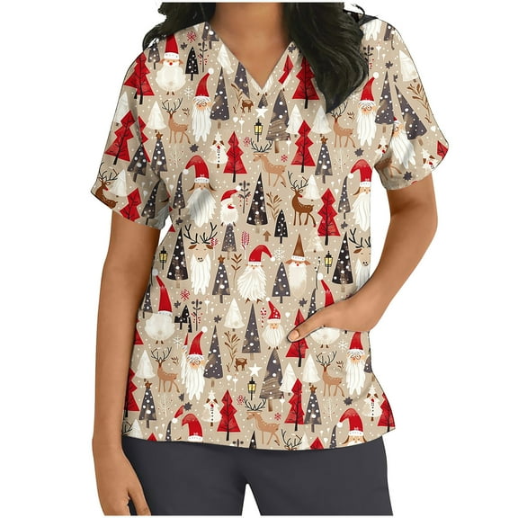 Xfvqtps Christmas Scrub Tops for Women Soft V-Neck Scrubs Comfortable Nursing Uniforms Christmas Printed Short Sleeve Top Protective Clothing Working Uniforms with Pockets Green
