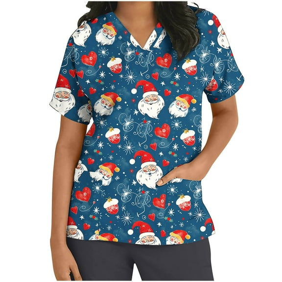 Xfvqtps Christmas Scrub Tops for Women Soft V-Neck Scrubs Comfortable Nursing Uniforms Christmas Printed Short Sleeve Top Protective Clothing Working Uniforms with Pockets Green