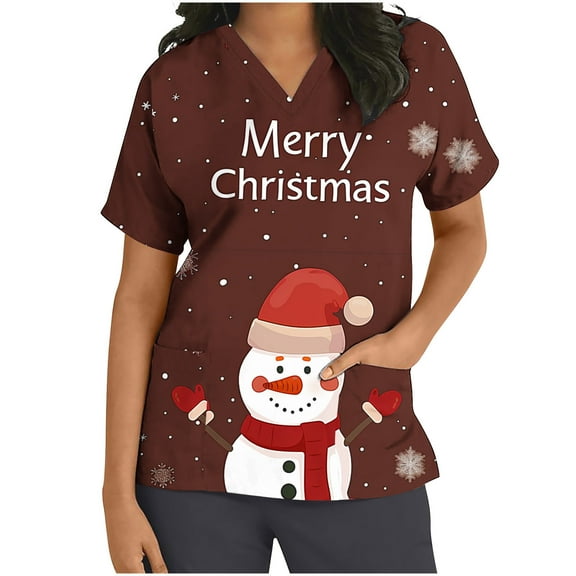 Xfvqtps Christmas Scrub Tops for Women Soft V-Neck Scrubs Comfortable Nursing Uniforms Christmas Printed Short Sleeve Top Protective Clothing Working Uniforms with Pockets Purple
