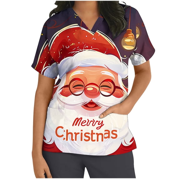 Xfvqtps Christmas Scrub Tops for Women Soft V-Neck Scrubs Comfortable Nursing Uniforms Christmas Printed Short Sleeve Top Protective Clothing Working Uniforms with Pockets Red