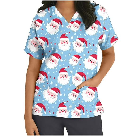 Xfvqtps Christmas Scrub Tops for Women Soft V-Neck Scrubs Comfortable Nursing Uniforms Christmas Printed Short Sleeve Top Protective Clothing Working Uniforms with Pockets Blue