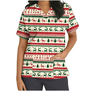 Xfvqtps Christmas Scrub Tops for Women Soft V-Neck Scrubs Comfortable Nursing Uniforms Christmas Printed Short Sleeve Top Protective Clothing Working Uniforms with Pockets Green