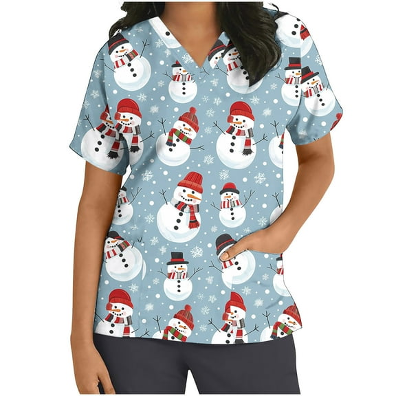 Xfvqtps Christmas Scrub Tops for Women Soft V-Neck Scrubs Comfortable Nursing Uniforms Christmas Printed Short Sleeve Top Protective Clothing Working Uniforms with Pockets Light Blue