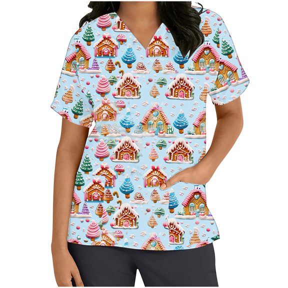 Xfvqtps Christmas Scrub Tops for Women Soft V-Neck Scrubs Comfortable Nursing Uniforms Christmas Printed Short Sleeve Top Protective Clothing Working Uniforms with Pockets Multicolor
