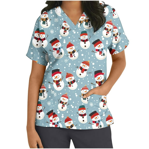 Xfvqtps Christmas Scrub Tops for Women Soft V-Neck Scrubs Comfortable Nursing Uniforms Christmas Printed Short Sleeve Top Protective Clothing Working Uniforms with Pockets Red