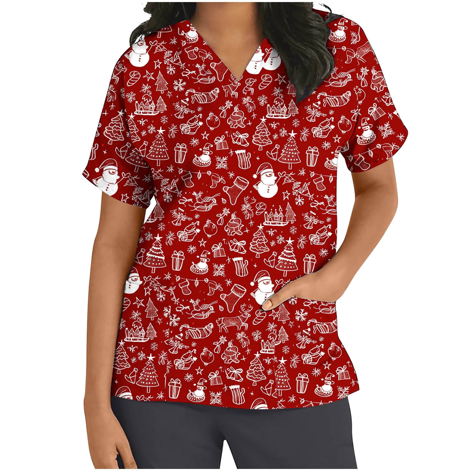 Xfvqtps Christmas Scrub Tops for Women Soft V-Neck Scrubs