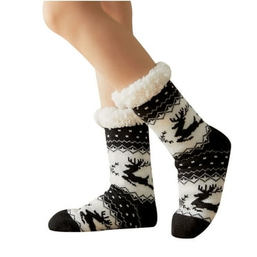 Xfvqtps Christmas Slipper Socks for Women with Grippers Thick Slipper Non Slip Home Fuzzy Warm Winter Fluffy Socks Black