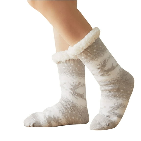 Xfvqtps Christmas Slipper Socks for Women with Grippers Thick Slipper Non Slip Home Fuzzy Warm Winter Fluffy Socks Gray
