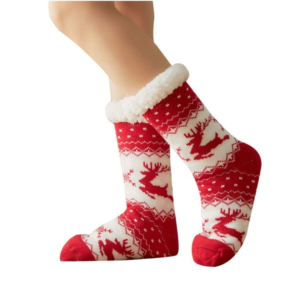 Xfvqtps Christmas Slipper Socks for Women with Grippers Thick Slipper Non Slip Home Fuzzy Warm Winter Fluffy Socks Red