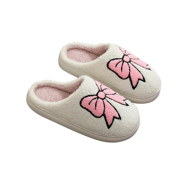 Xfvqtps Christmas Slippers Fuzzy Slippers for Women Bow Print Sweet Fleece Lining Soft Thick Sole Memory Foam Slip on Non-Slip Comfortable Cozy Warm Winter House Slippers