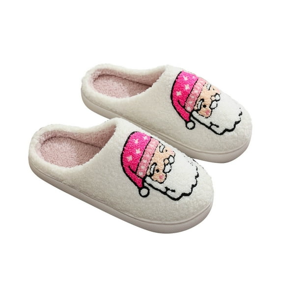 Xfvqtps Christmas Slippers Fuzzy Slippers for Women Santa Claus Print Cute Fleece Lining Soft Thick Sole Memory Foam Slip on Non-Slip Comfortable Cozy Warm Winter House Slippers