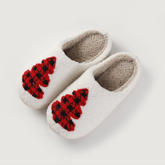 Xfvqtps Christmas Slippers Fuzzy Slippers for Womens Cute Christmas Tree Fleece Lined Close Toe Flat Thick Bottom Memory Foam Comfortable Non-Slip Warm Winter House Slippers Red