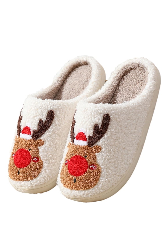 Christmas Slippers Fuzzy Slippers for Womens Cute Elk Deer Fleece Lined Flat Thick Bottom Memory Foam Close Toe Comfortable Non-Slip Warm Winter House Slippers Red