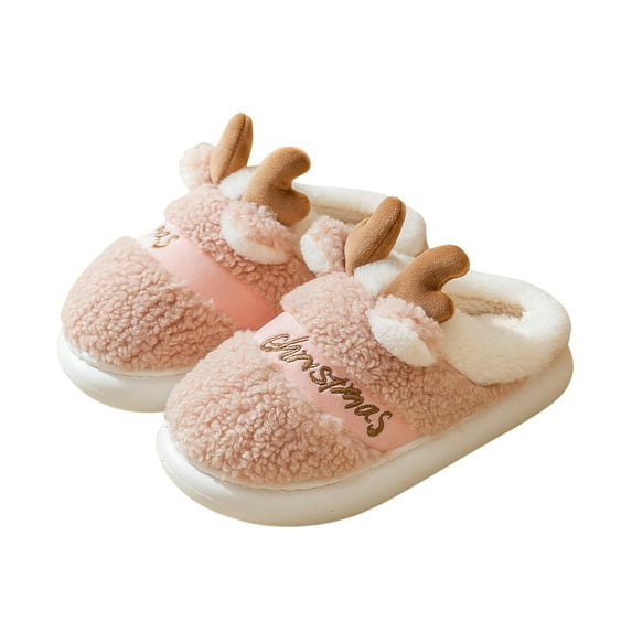 Xfvqtps Christmas Slippers Fuzzy Slippers for Womens Cute Elk Horn Fleece Lined Flat Thick Bottom Memory Foam Close Toe Comfortable Non-Slip Warm Winter House Slippers Pink