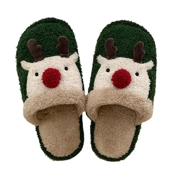 Xfvqtps Christmas Slippers Fuzzy Slippers for Womens Fleece Lined Cute Elk Deer Memory Foam Flat Thick Bottom Close Toe Comfortable Non-Slip Warm Winter House Slippers Green