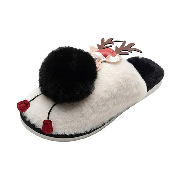 Xfvqtps Christmas Slippers Fuzzy Slippers for Womens Fluffy Plush Cute Elk Deer Hair Ball Memory Foam Flat Thick Bottom Close Toe Comfortable Non-Slip Warm Winter House Slippers Black