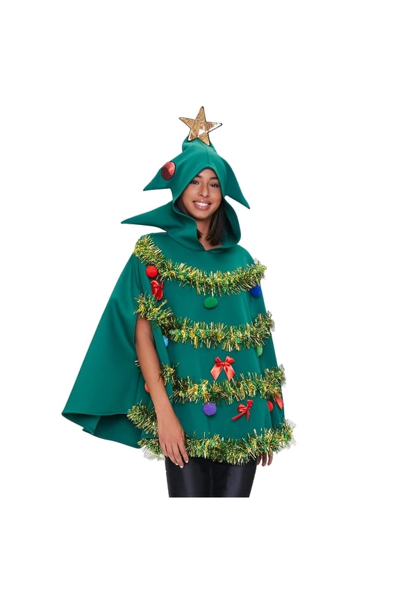 Christmas Tree Poncho Adults Bow Ball Decor Hooded Cloak Cape Party Prop for Party Green