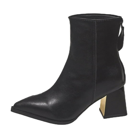Xfvqtps Chunky Heel Ankle Boots for Women Winter Fashion Pointed Toe Booties Comfortable Metal Heel Boots with Zipper Casual Outdoor Shoes Black