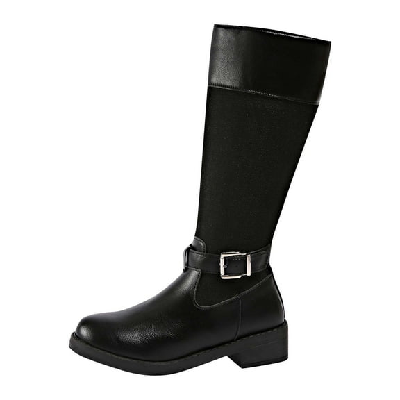 Xfvqtps Chunky Heel Boots for Women Two Tone Ankle Booties with Metal Buckle Stretch Comfort Fashion Winter Casual Shoes Low Block Heel Black