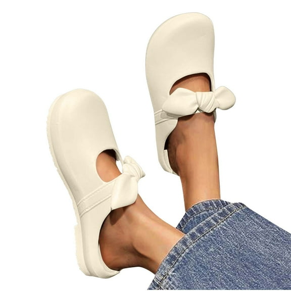 Xfvqtps Clogs for Women Mules Sandals Bow Flat Close Toe Non Slip EVA Nurse Shoes White