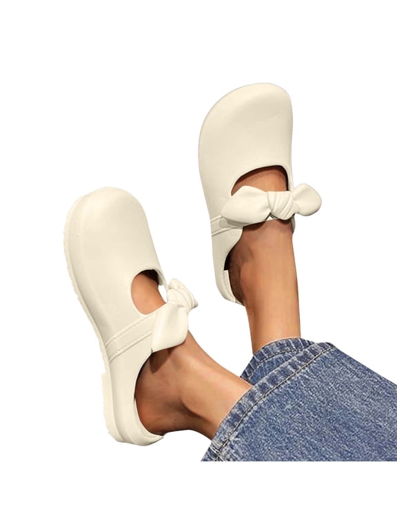 Clogs for Women Mules Sandals Bow Flat Close Toe Non Slip EVA Nurse Shoes White