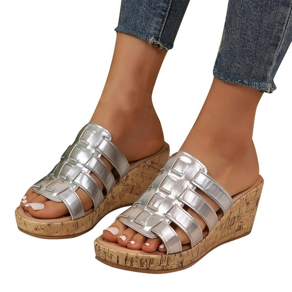 Xfvqtps Clogs for Women Platform Wedge Slide Open Toe Strappy Gladiator Comfortable Dressy Casual Walking Summer Clogs Sandals Silver