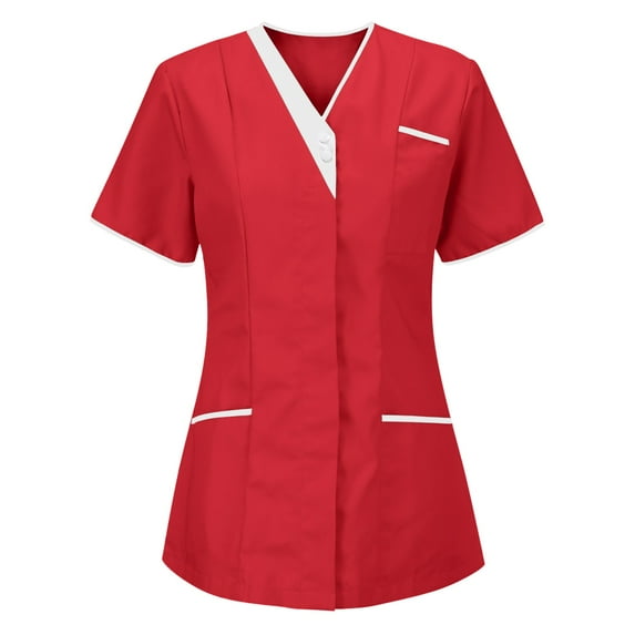 Xfvqtps Color Block Scrub Tops for Women Comfortable Lightweight Medical Nursing Uniform Tunic Nurses Uniform Clinic Carer V-Neck Protective Clothing Working Uniform Tops Red