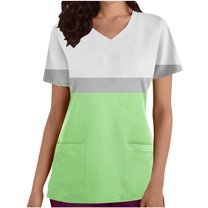 Xfvqtps Color Block Scrub Tops for Women Wrinkle-Resist Nursing Uniform Casual V-Neck Print Short Sleeve Nurse Top with Pocket Green