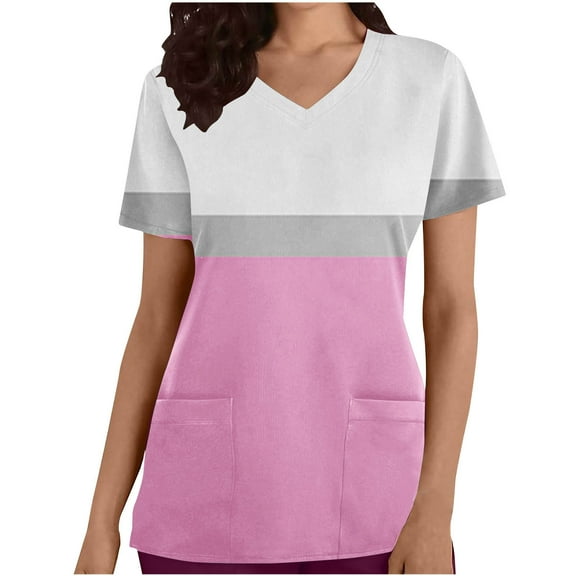 Xfvqtps Color Block Scrub Tops for Women Wrinkle-Resist Nursing Uniform Casual V-Neck Print Short Sleeve Nurse Top with Pocket Pink