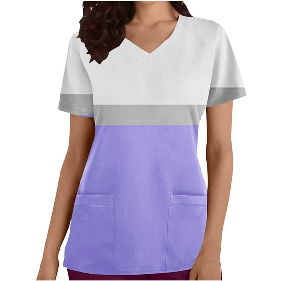 Xfvqtps Color Block Scrub Tops for Women Wrinkle-Resist Nursing Uniform Casual V-Neck Print Short Sleeve Nurse Top with Pocket Purple