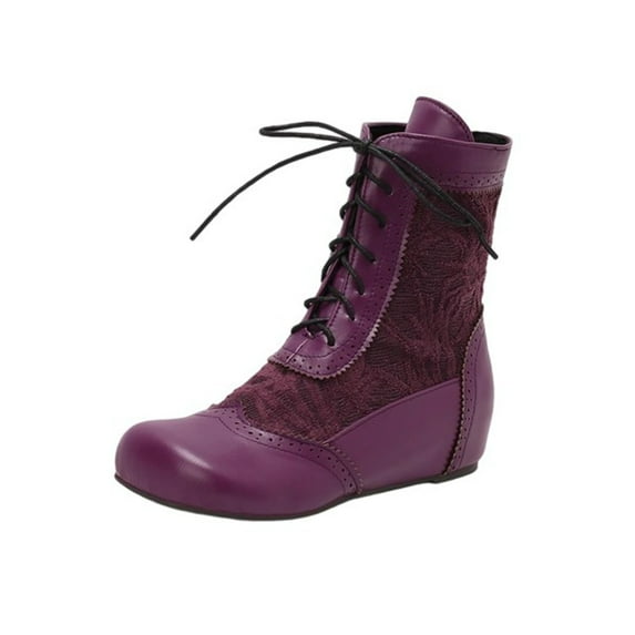 Xfvqtps Comfortable Winter Ankle Boots for Women Fleece Lined Flat Shoes Vintage Lace up Round Toe Warm Embroidered Fashion Casual Booties Purple