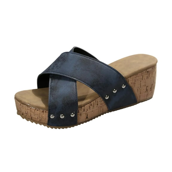 Xfvqtps Corkys Sandals for Women Slide Sandals Cross Straps Peep Toe Summer Flatform Sandals Navy