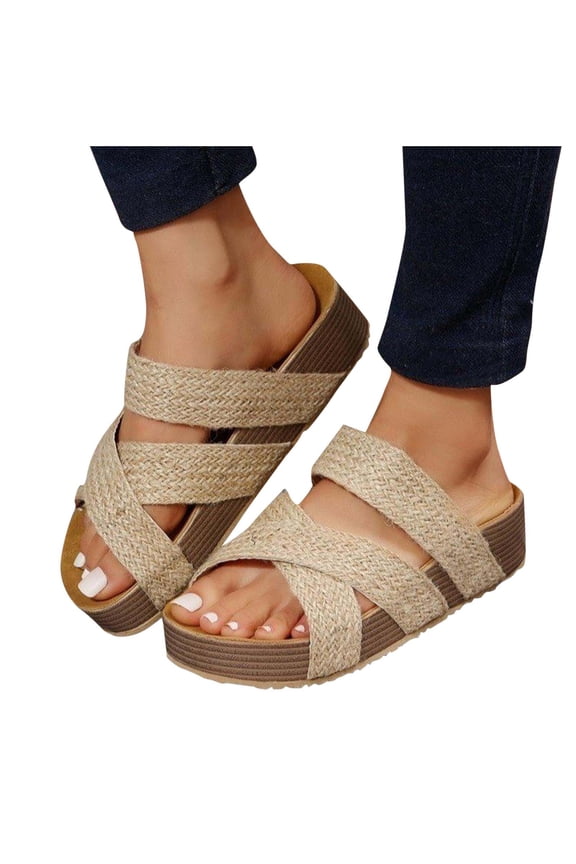 Corkys Wedges for Women Slide Cross Straps Open Toe Soft Sole Non Slip Beach Summer Slide Sandals Beige
