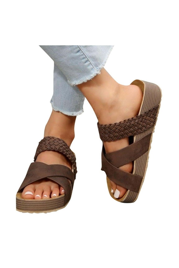 Corkys Wedges for Women Slide Cross Straps Open Toe Soft Sole Non Slip Beach Summer Slide Sandals Brown