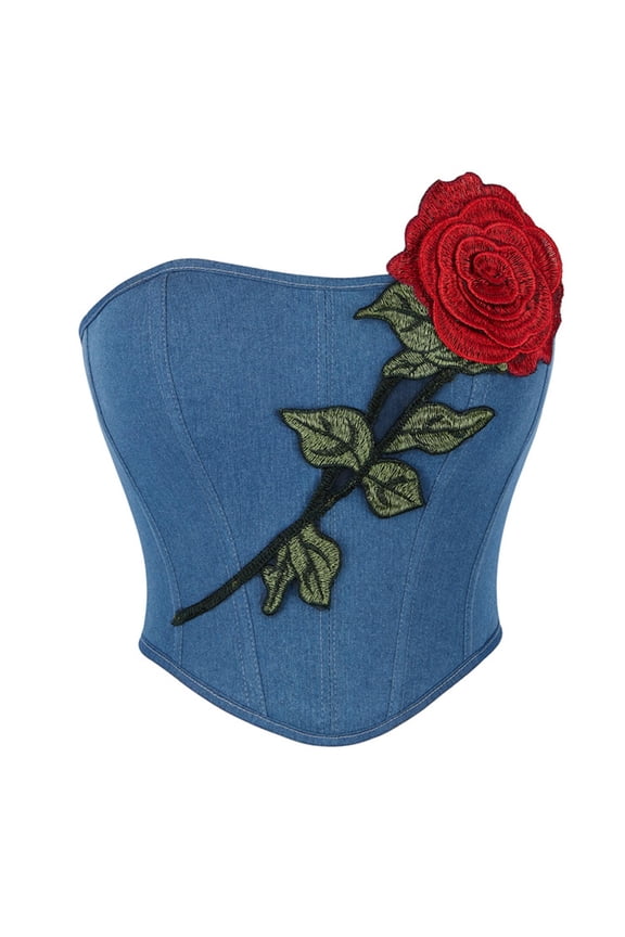Corsets for Women Back Straps Lace up Flower Embroidery Denim Boned Overbust Corset Bustier Shapewear Blue