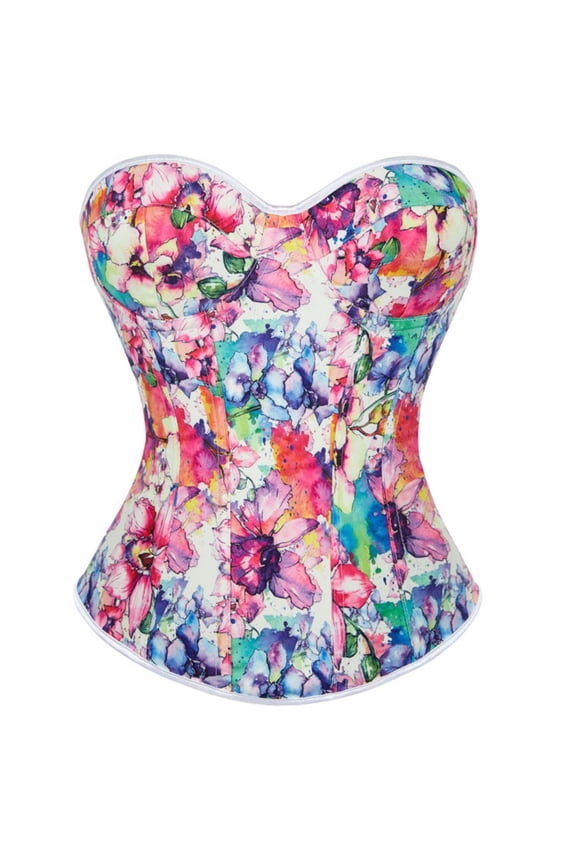 Corsets for Women Floral Embroidery Lace up Back Straps Boned Overbust Corset Bustier Shapewear Long Style Pink-Long Style