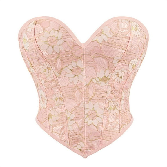 Xfvqtps Corsets for Women Floral Embroidery Lace up Back Straps Boned Overbust Corset Bustier Shapewear Pink