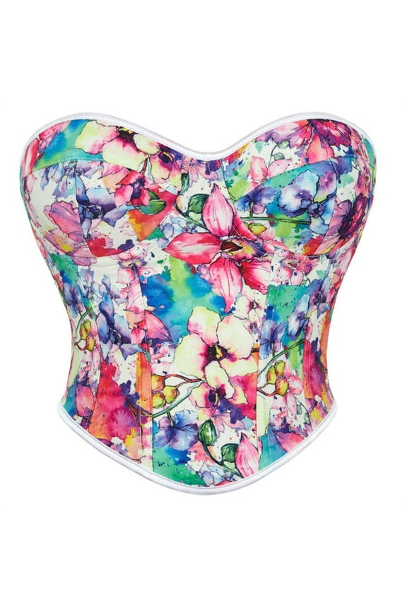 Corsets for Women Floral Embroidery Lace up Back Straps Boned Overbust Corset Bustier Shapewear Short Style Pink-Short Style