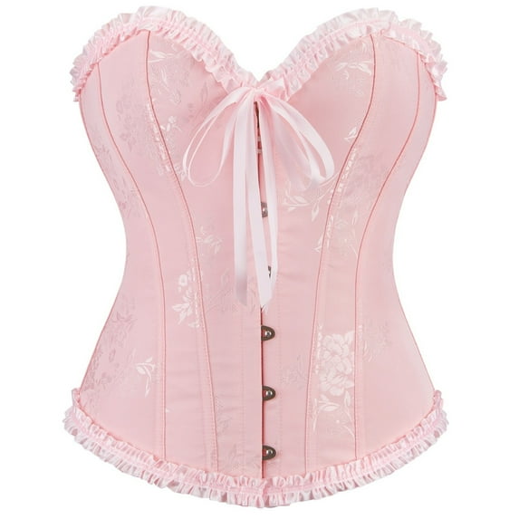 Xfvqtps Corsets for Women Floral Embroidery Lace up Front Buckle Back Straps Boned Overbust Corset Bustier Shapewear Pink