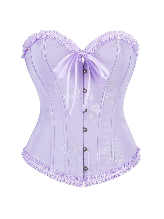 Corsets for Women Floral Embroidery Lace up Front Buckle Back Straps Boned Overbust Corset Bustier Shapewear Purple