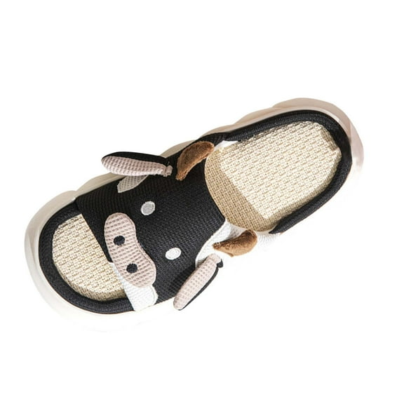 Xfvqtps Cow Slippers for Women Men Flax Insole Memory Foam Non Slip Thick Sole Open Toe House Bedroom Cute Slippers Black