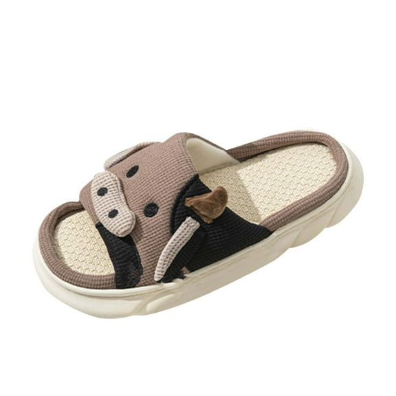 Xfvqtps Cow Slippers for Women Men Flax Insole Memory Foam Non Slip Thick Sole Open Toe House Bedroom Cute Slippers Coffee