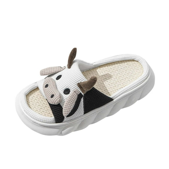 Xfvqtps Cow Slippers for Women Men Flax Insole Memory Foam Non Slip Thick Sole Open Toe House Bedroom Cute Slippers White