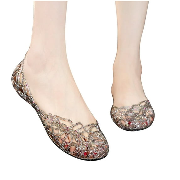 Xfvqtps Crystal Plastic Jelly Shoes for Womens Wettable Water Hollow out Slip on Flat Bottomed Close Toe Water Shoes Summer Beach Jelly Shoes Black