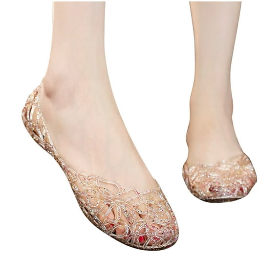 Xfvqtps Crystal Plastic Jelly Shoes for Womens Wettable Water Hollow out Slip on Flat Bottomed Close Toe Water Shoes Summer Beach Jelly Shoes Gold